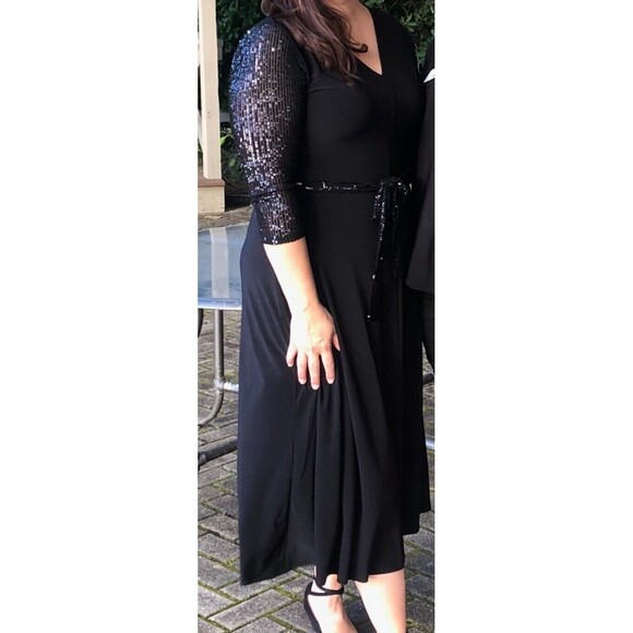 Women’s Stretch Sequin Sleeve Black V-Neck Midi Dress Size Large Cocktail Belt - Picture 6 of 6